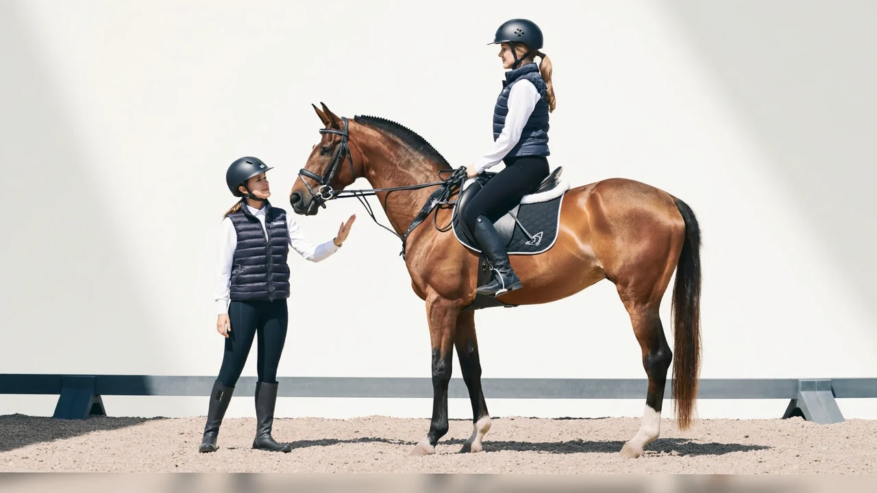 Illustration: Reiterin und Pferd in ruhiger Szene vor Berglandschaft